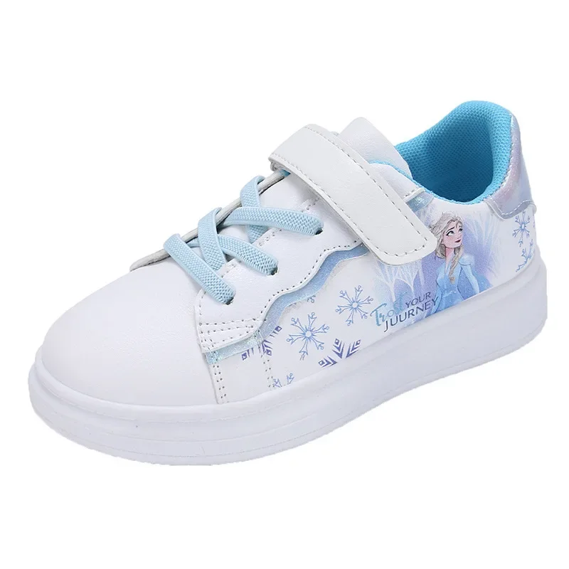 Zapatillas deportivas de cuero de dibujos animados para niños, zapatos informales blancos para estudiantes, impermeables, de fondo suave, para correr, princesa Elsa, Anime