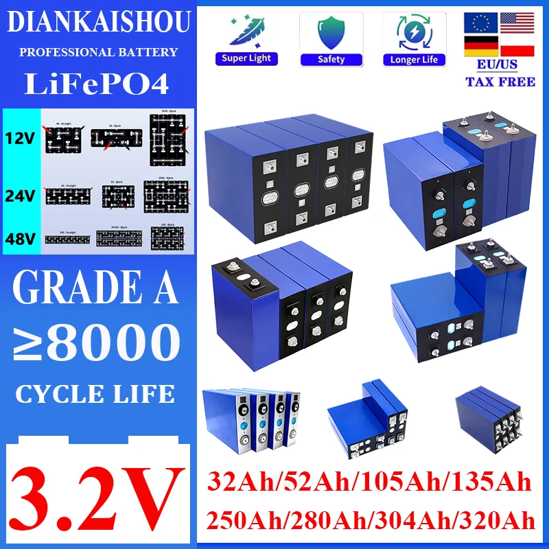 

4PCS 3.2v Lifepo4 32Ah 320Ah 304Ah 280Ah 135Ah 105Ah 250Ah Battery Lithium Iron Phosphate Solar Cell 12v 24v Off-grid Solar Wind