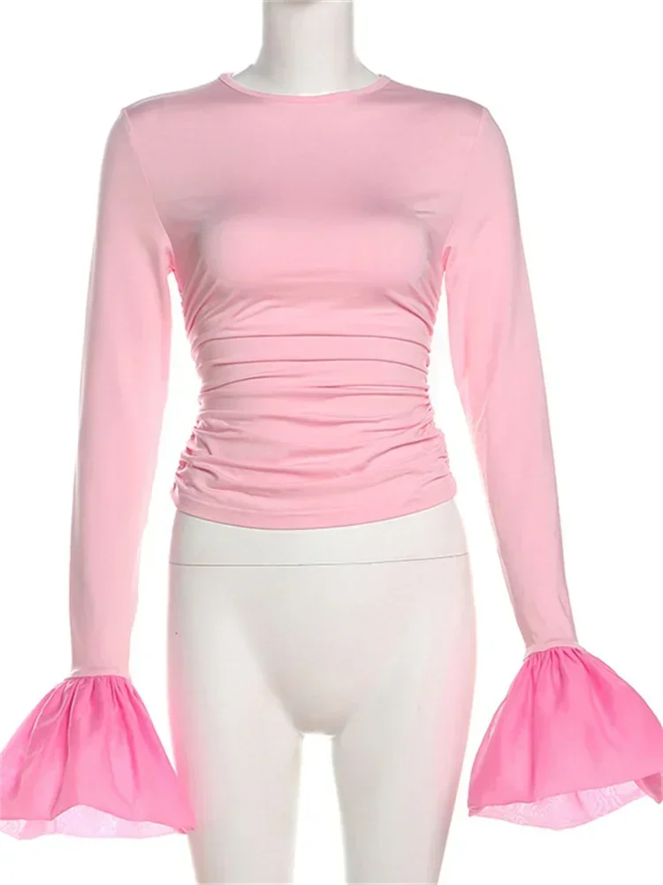 Mesh Ruffled Patchwork T-shirt Top For Women Long Sleeve High Waist Cropped Top Pullover Streetwear Female Slim Y2k Top