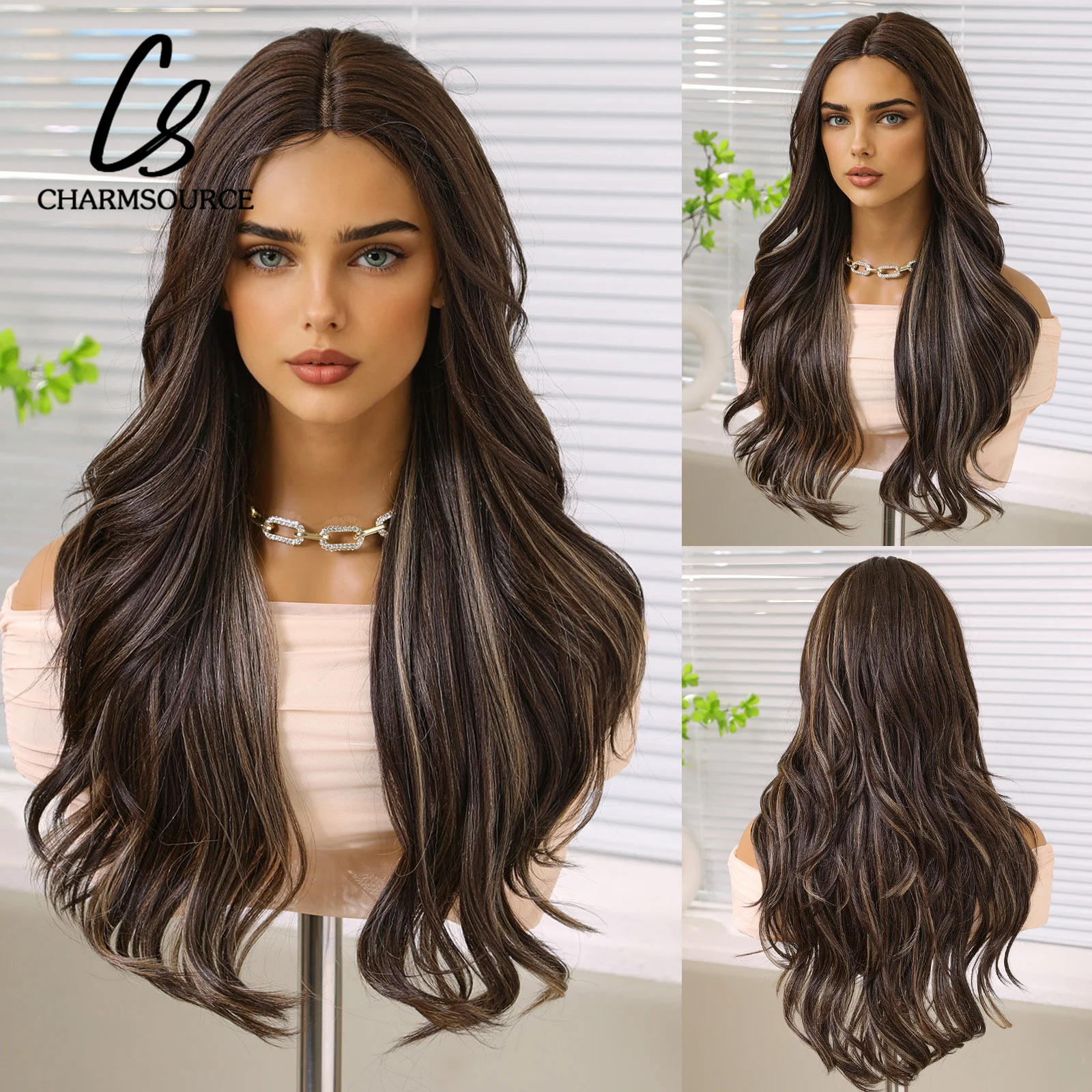 

CharmSource Lace Wigs Synthetic Medium Brown Highlight Blonde Wig Long Wavy Wigs for Women Daily Party Heat Resistant Fiber Wigs