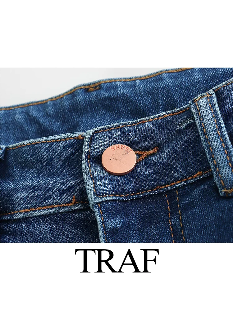 TRAF 2023 New Women Fashion Retro Solid Simple Middle-waisted Flare Denim Trousers With Zipper High Street Female Causal Jeans