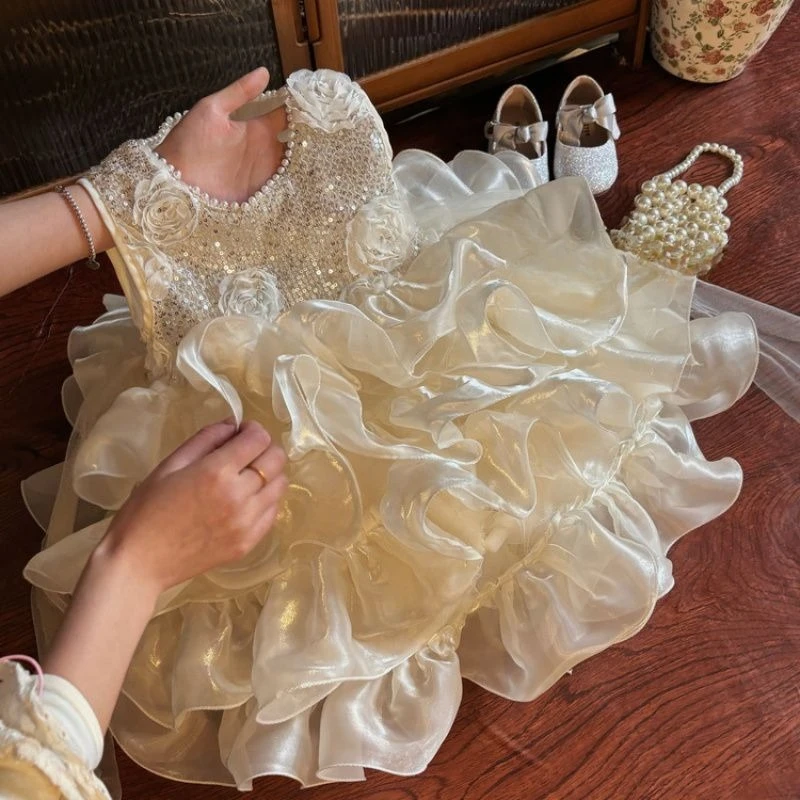 Girls' Beige Princess Children's Dress Flower High Quality Princess Dress for Summer Beautiful and Fashion Kids Birthday Dress