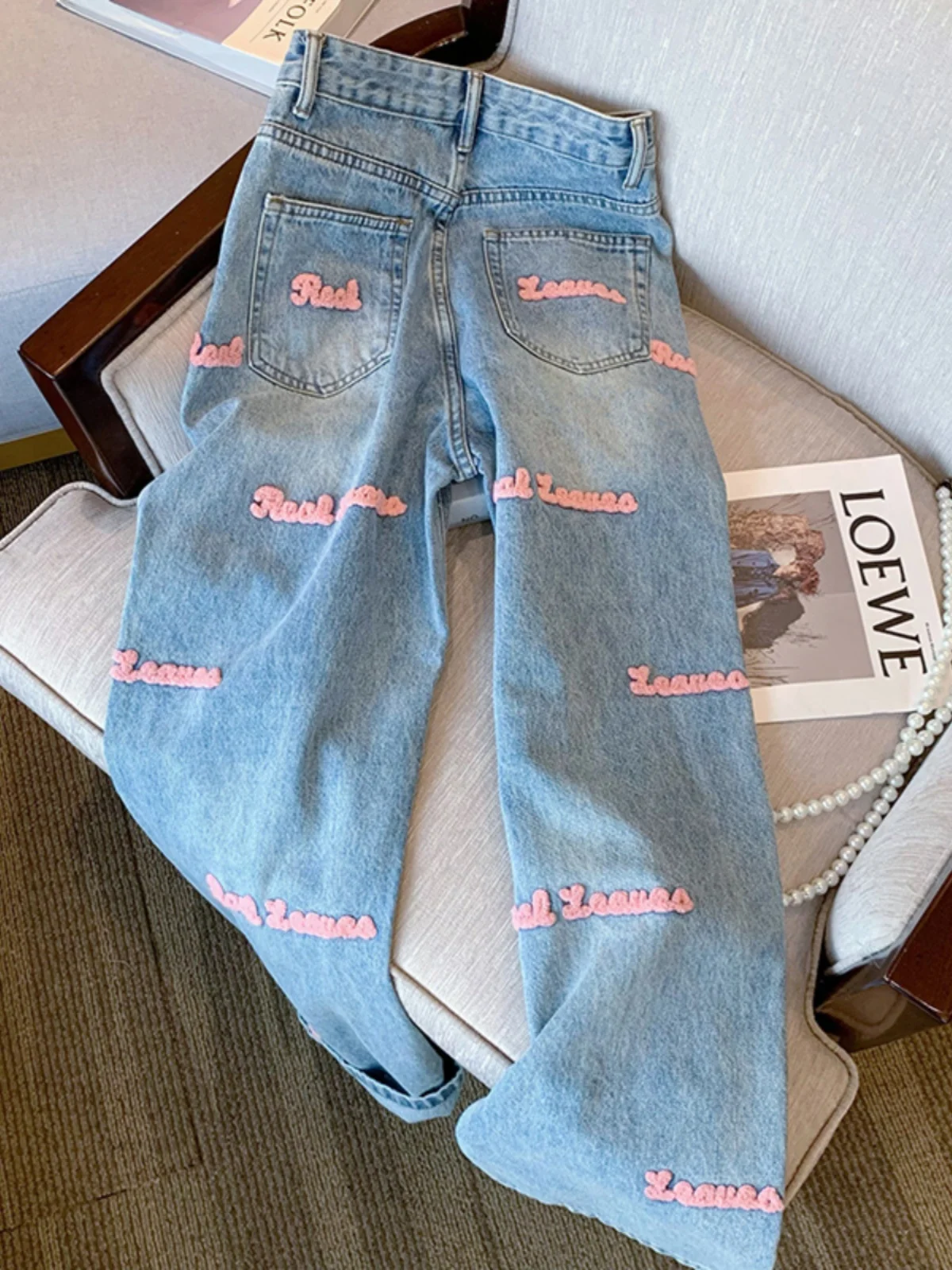 American High Street Design Embroidered Letter Denim Jeans Women's Summer Fashion  Casual Straight Leg Pants
