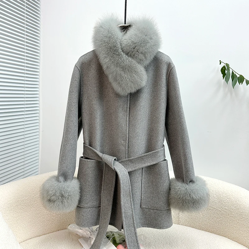 

2023 New Women 100% Wool Blends Coat Jacket With Luxury Fox Fur Collar Warm Lady Overcoats JT3401