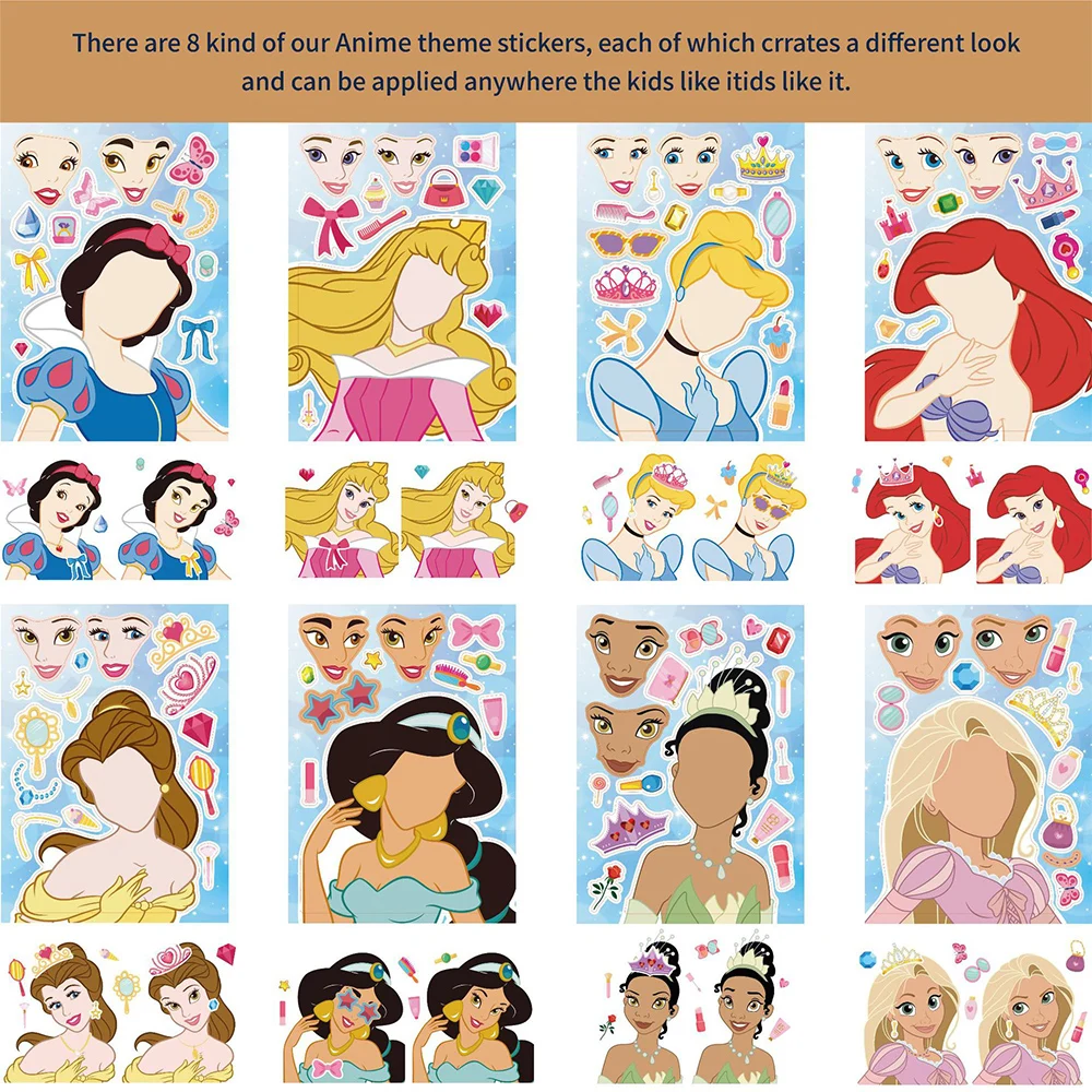 Disney-Make a Face Princess Puzzle Adesivos, Crie seu próprio jogo, Kids Assemble Jigsaw, Brinquedos Educativos para Crianças, Presente, 8 folhas, 16 folhas