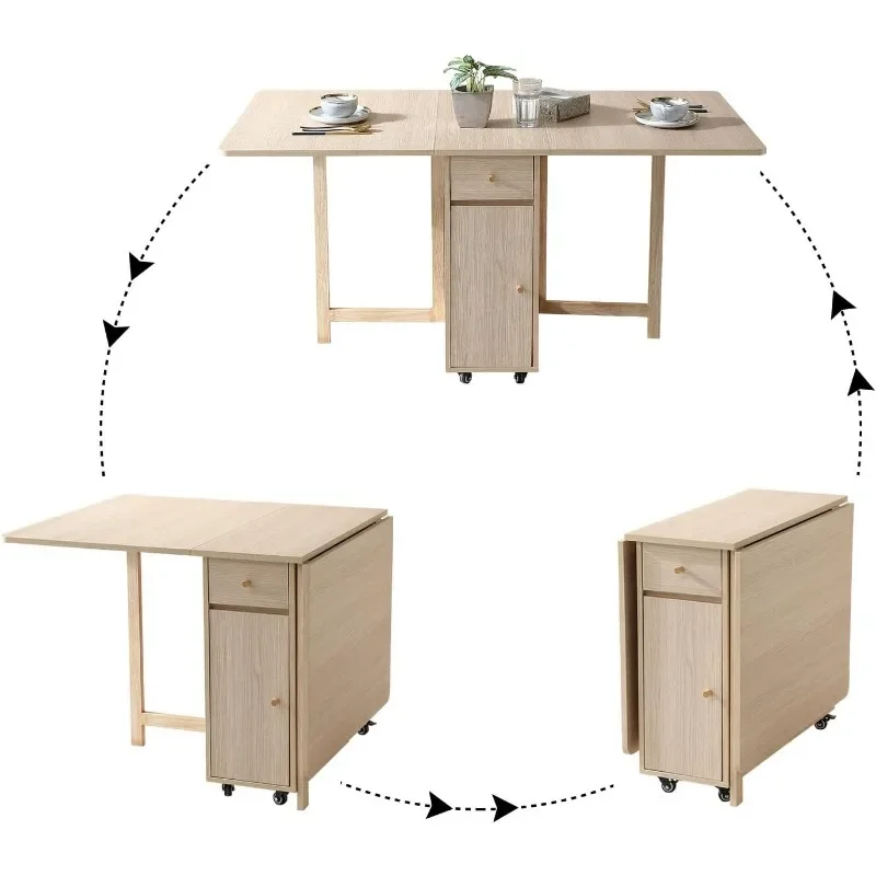 Extendable Drop Leaf Folding Dining Table with 2 Drawers and 4 Wheels Farmhouse Space Saving Table in Wood Color