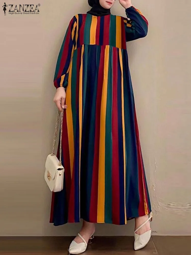 

ZANZEA Bohemain Striped Muslim Dress Robe Femme Casual Long Sleeve Sundress Women Maxi Dresses Turkey Abaya Islamic Clothing