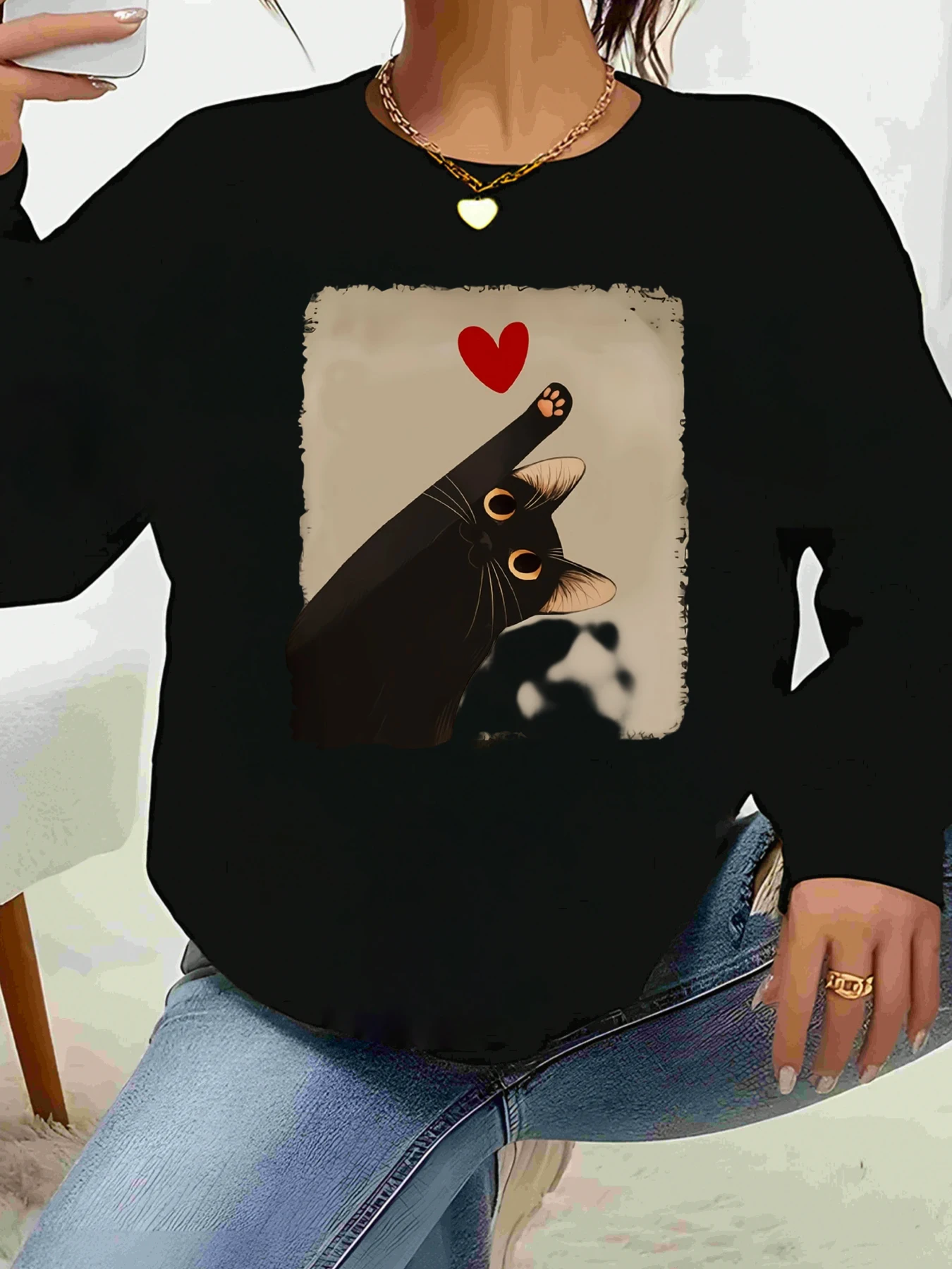 

Толстовка с длинными рукавами и принтом кота и сердца на День святого Валентина, повседневная женская одежда