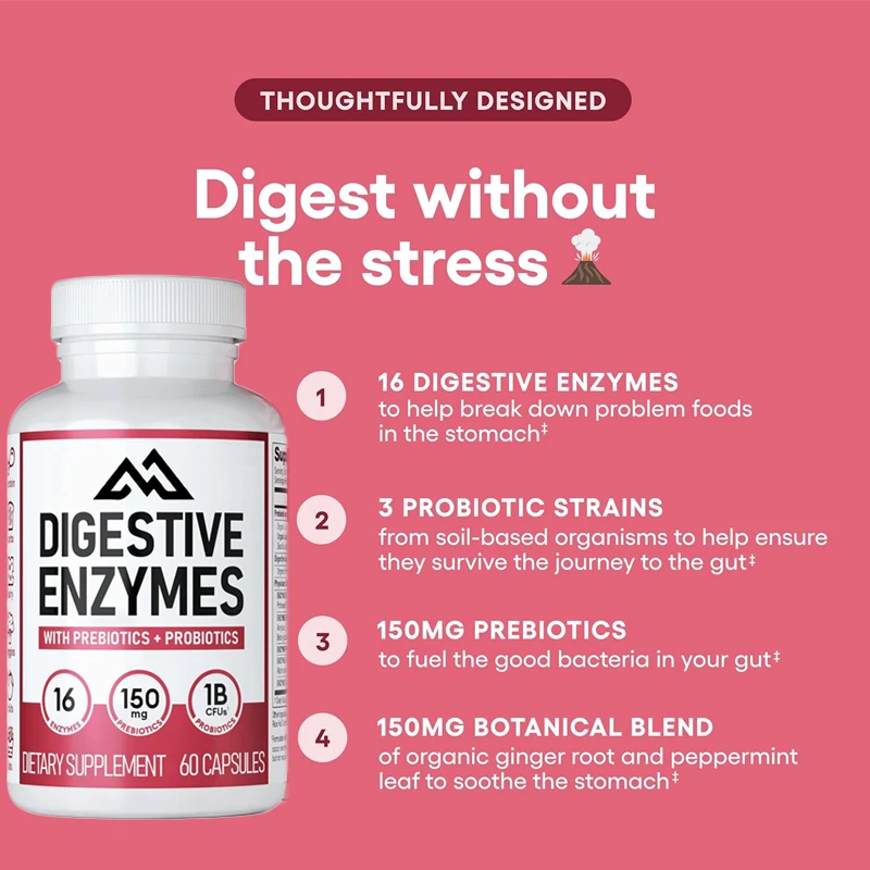 

Digestive enzymes, organic prebiotics, and probiotics promote digestive and intestinal health, relieve bloating with 60 capsules