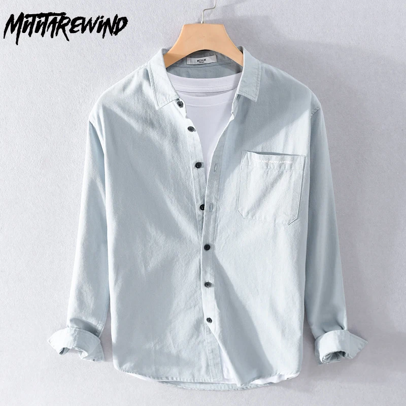 

Simple Mens Long Sleeve Shirts Spring Summer Daily Causal Plain Shirt Lapel Collar Pure Cotton Tops with Pocket Versatile Shirt