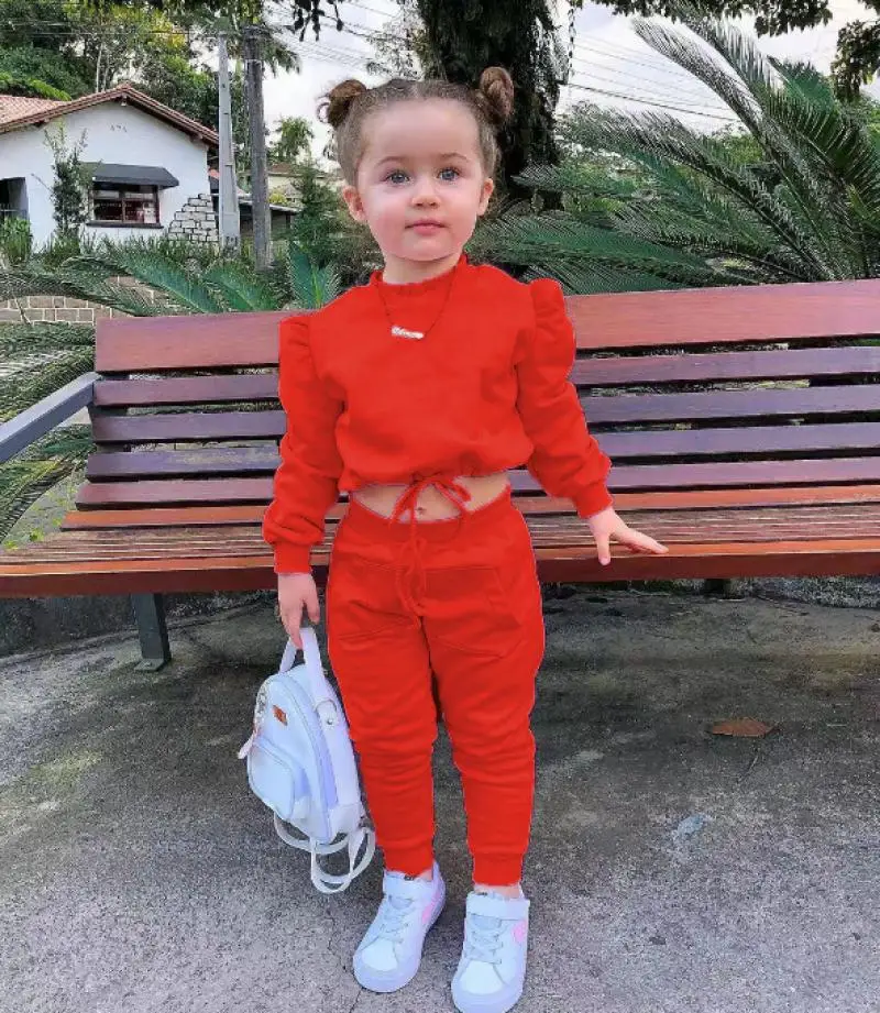 Autumn and Winter New Children\'s Set Multi Color Sports Long Sleeve Solid Color Sweet Fashion Hoodie Set for 1-8 Years