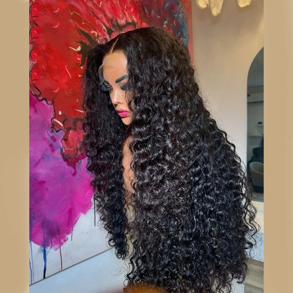 180 الكثافة طويل غريب مجعد 26 بوصة لينة غلويليس أسود عميق الدانتيل شعر مستعار أمامي للنساء مع شعر الطفل قبل قطعها يوميا