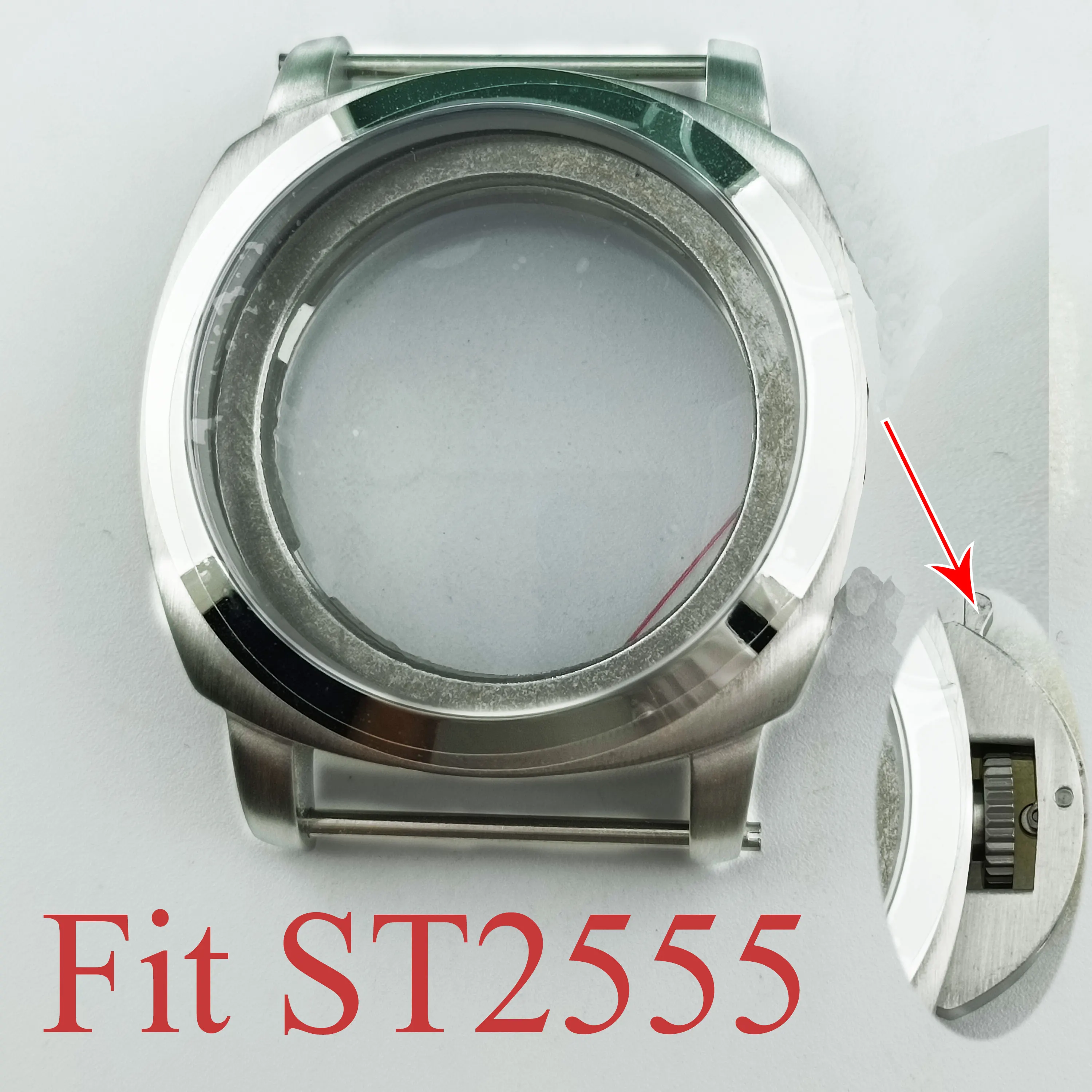 

Корпус ST2555 45 мм, серебристый матовый корпус с ушком, корпус из сапфирового стекла из нержавеющей стали для аксессуаров для часов с механизмом ST2555