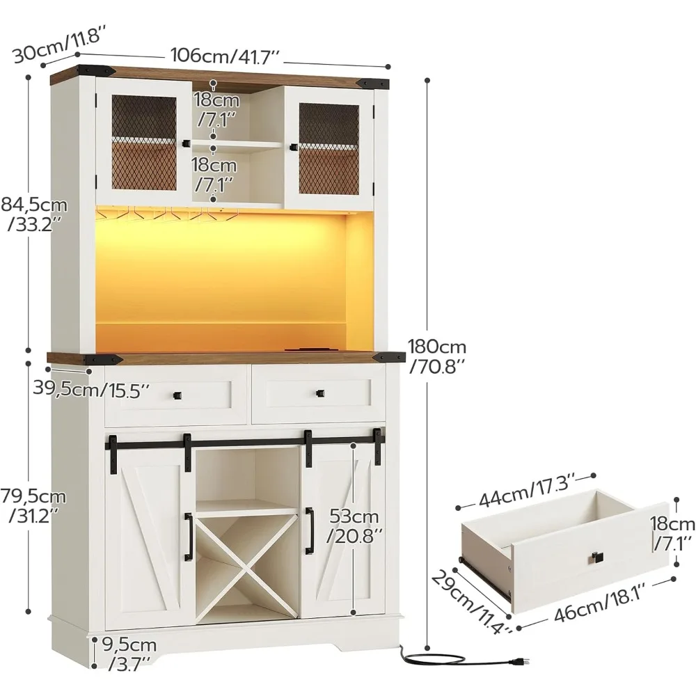 Tall Coffee Bar Cabinet, Farmhouse Bar Cabinet with Light and Power Outlet, 70.8" Buffet Cabinet with Storage, Sliding Barn Door