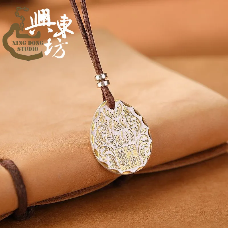 Original 925 Peace joy tracing gold Tang grass pendant necklace for men and women retro style country tide light luxury pendant