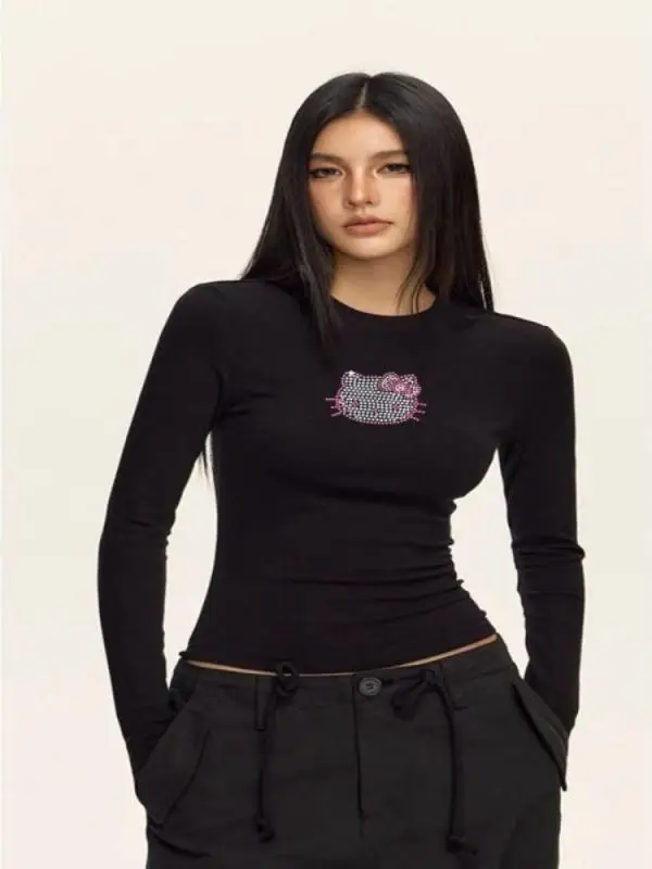 

Sanrio Hello Kitty Kawaii Anime Fashion Casual Cotton Slim Fit Round Neck Long Sleeved Rhinestone Pink Diamond Cat Beauty Sets