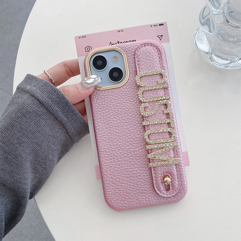 Personalized Leather Phone Case with Name and diamond Letter Wristband for iPhone 16 15 14 13 12 11Pro Max 14 15 16Plus Cover