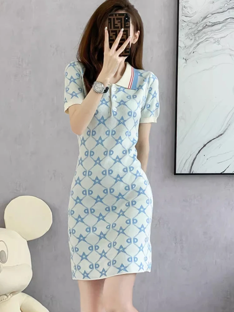 เสื้อโปโลชุดเสื้อกันหนาวฤดูร้อนถักมินิเดรสน่ารักดาว Jacquard น่ารักวิทยาลัยผู้หญิงนักเรียนหญิง SLIM FIT PARTY