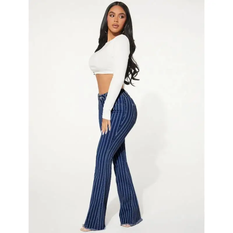クロスボーダー新作デニムストライプフレアパンツローウエストスレ他素材00％PVCカジュアルパンツ中年女性向け