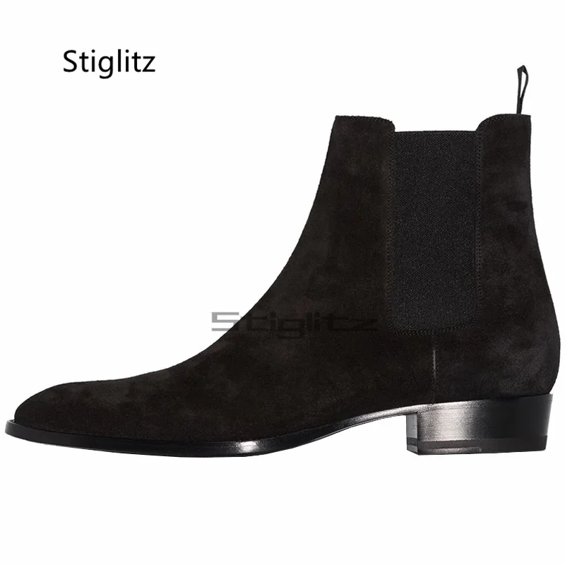 Black Suede Elastic Chelsea Boots Men Classic Low Heels Business Casual British Style Slip On Ankle Boots Autumn Dress Shoes - view 5