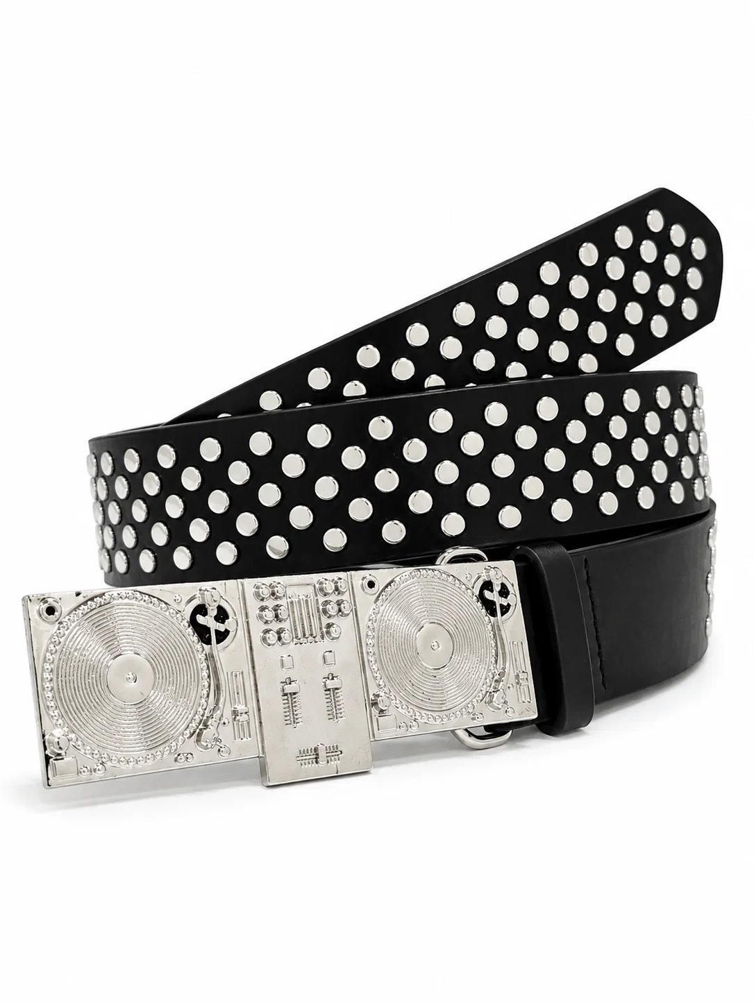 Metal Turntable Buckle Studded Belt, Black Multi-Row Rivet Belt, DJ Music Style Punk Rock Streetwear Waist Accessory