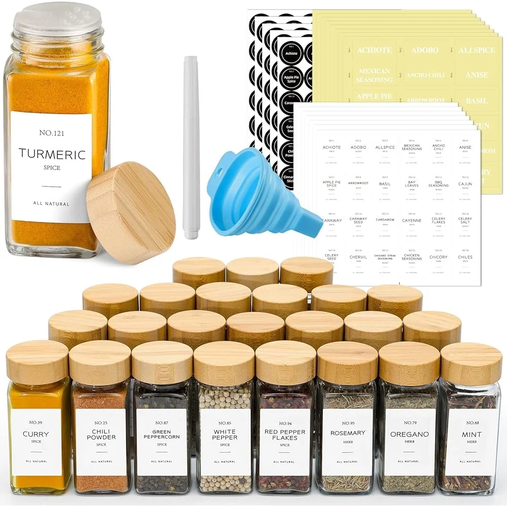 

36 Pcs Glass Herb Jars with Bamboo Lids Spice Labels Funnel Kitchen Organization Set Seasoning Storage