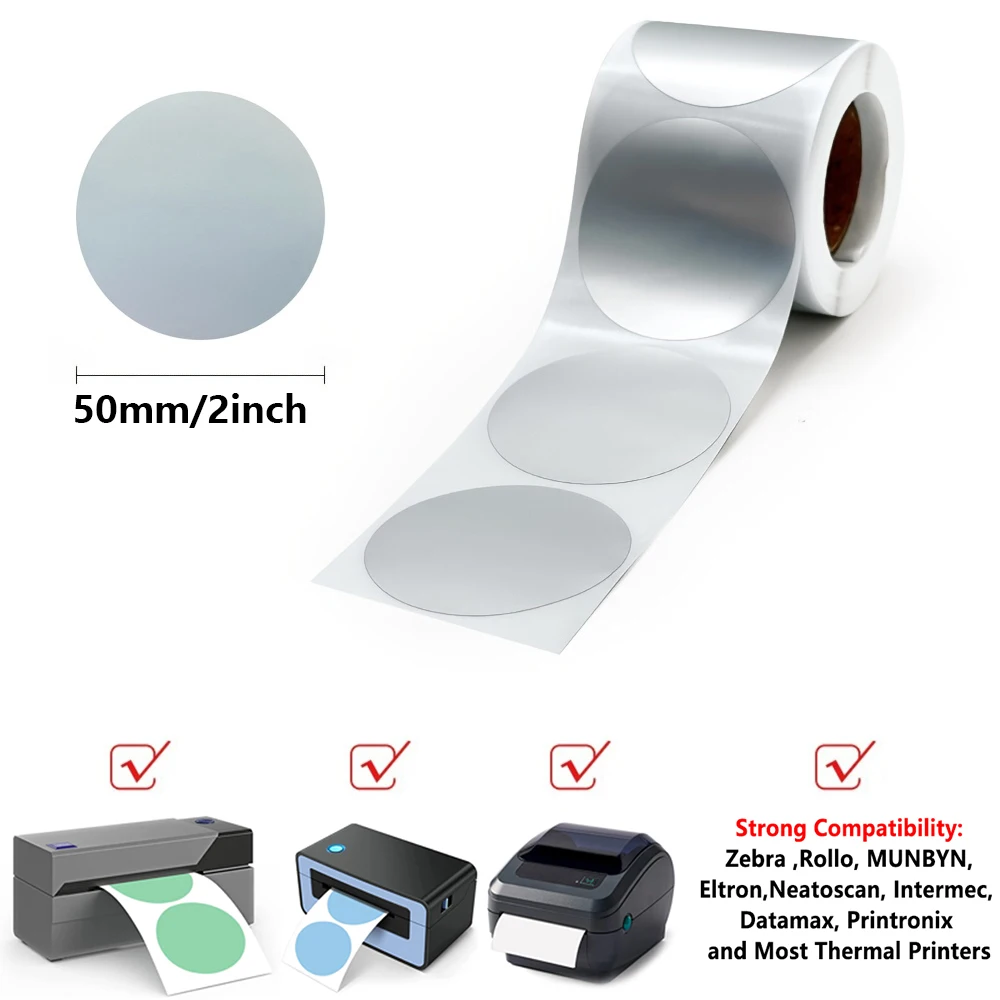 ملصقات لاصقة حرارية دائرية فضية مقاس 2 بوصة، ملصقات طابعة حرارية مستديرة ذاتية اللصق لتصميم شعار DIY، رمز الاستجابة السريعة