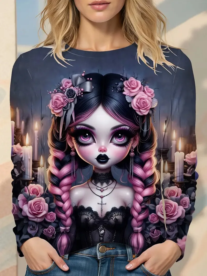 

Women's Gothic Rose and Candle 3D Printed Long Sleeve T-shirt Tops Fashion and Casual Daily Round Neck Oversized Women's Shirt