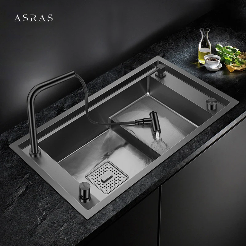 ASRAS Stepped Nanometer Sink 304 Stainless Steel Handmade Sinks 4mm Thickness 220mm Depth Large Size Kitchen Sinks