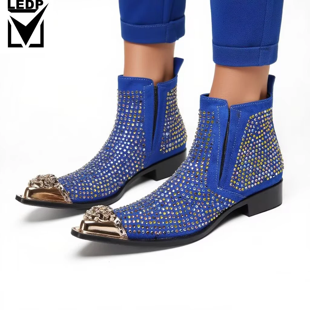 Glittering Rhinestone Suede Men's Boots Trendy Stage Performance Style Attention-Grabbing Personality Professional Atmosphere