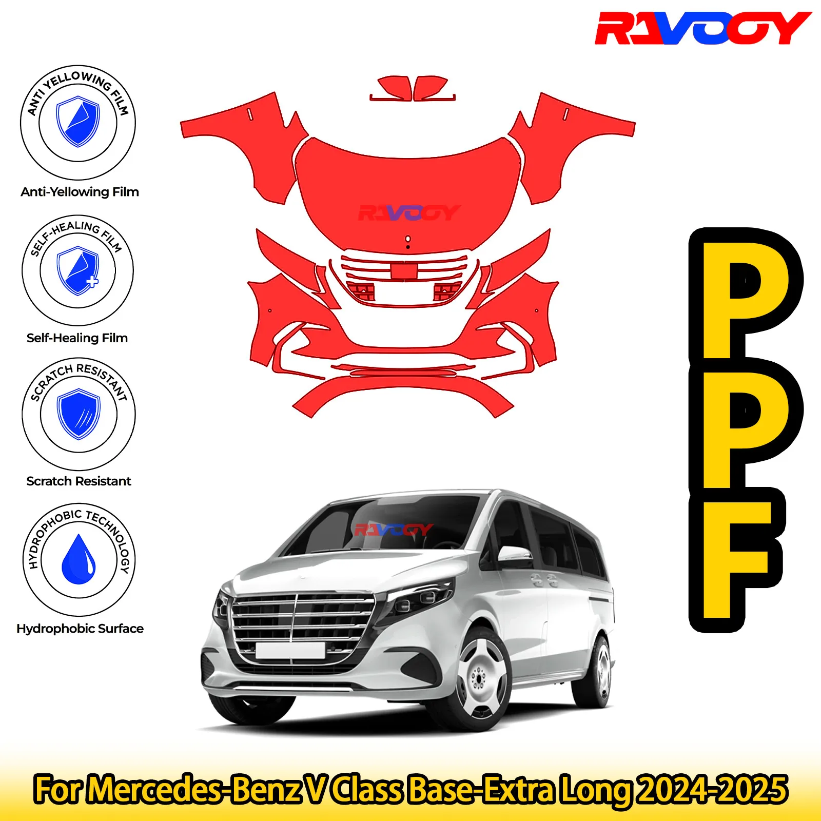

For Mercedes-Benz V Class Base-Extra Long 2024-2025 Glossy Matte Black Precut front PPF Kit Paint Protection Film