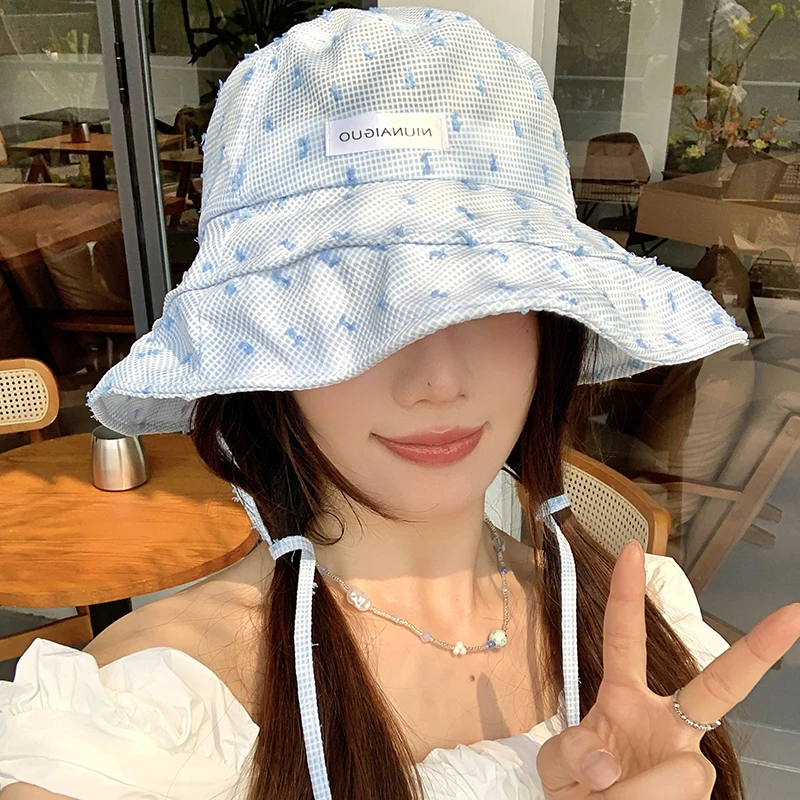 

Spring and Summer Japanese Big Brim Bucket Hat Women's Small Fresh Plaid Versatile Sunshade Sunscreen Lace-up Sun Cap Gorras