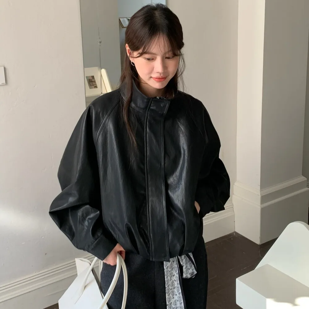 

Women's Chic Stand Collar Leather Jaet Retro Sle Korean System Autumn Versatile Design Sense Leather Coat Top