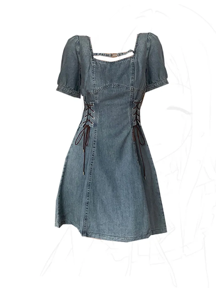 

French Style Tide Vintage Square Collar Short Sleeve A-line Dress Women Summer 2024 Fashion Sexy Bandage Slim One-Piece Frocks