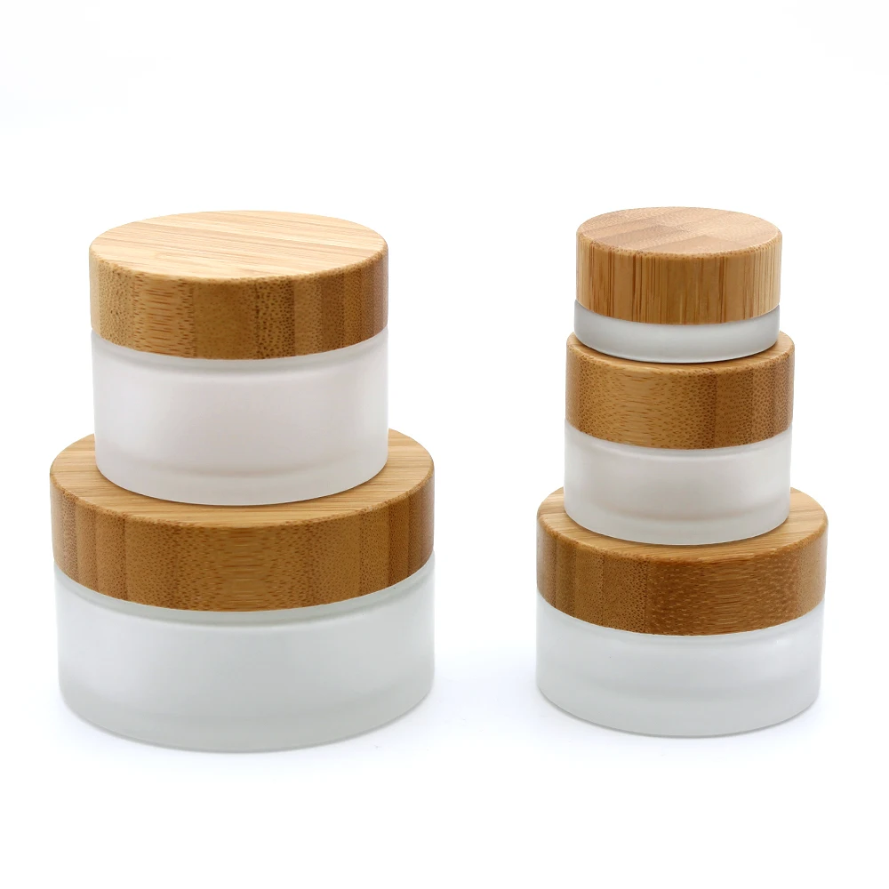 5g 15g 30g 50g 100g Frosted Glass Cream Jars Leak Proof Cosmetic Container with Bamboo Lids for Travel Storage Make Up Beauty