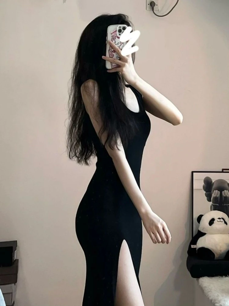 Black Sleeveless Dress Women Side Slit Irregular Mid Calf Sexy Sheath Solid Minimalist Summer Elegant Korean Fashion Style Chic