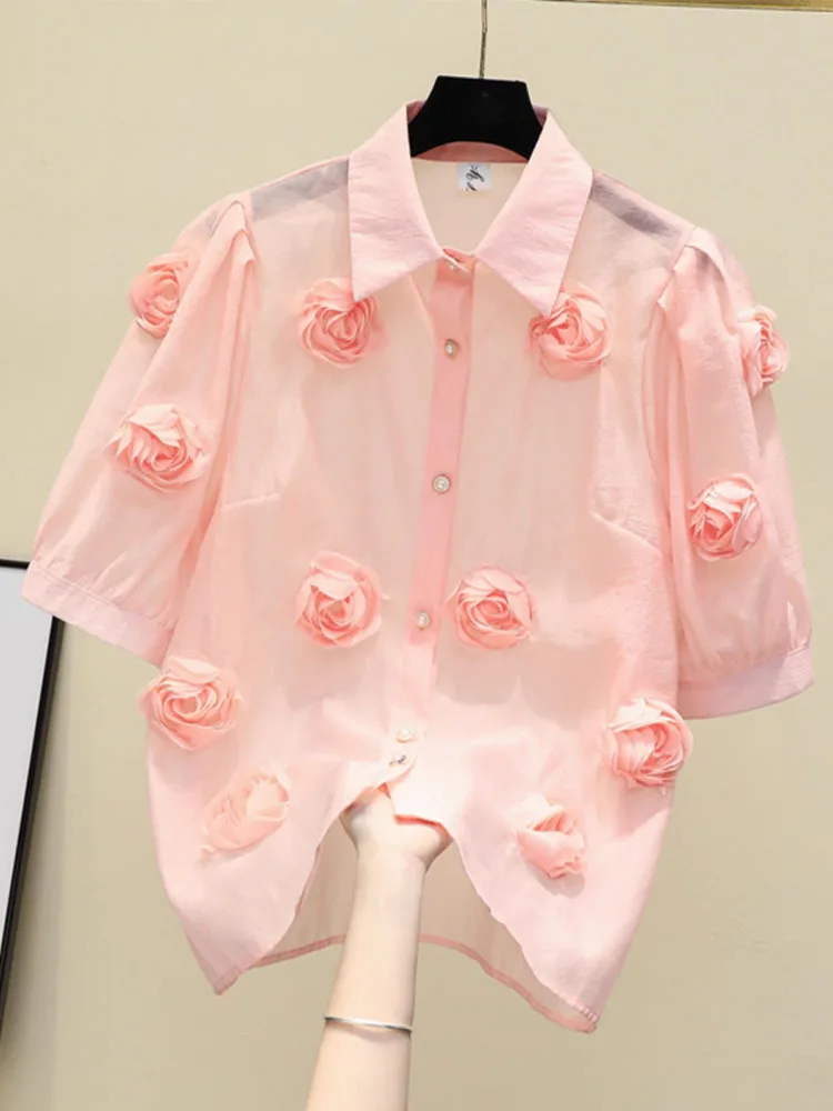 Women Vintage Sweet Three-dimensional Blouse Flower Lapel Puff Sleeve Lightweight Loose Shirts Spring Summer 2024