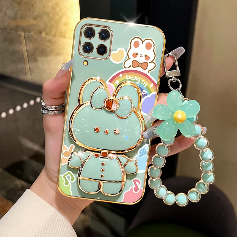 M53 Happy Rabbit Holder Plating Phone Case For Samsung Galaxy M53 Shatterproof Camera Protection Galaxy M53 Soft Back Cover