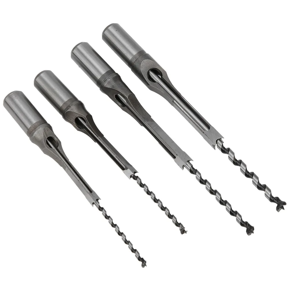 4pcs Bearing Steel Material Square Hole Drill Bits 1/4 5/16 3/8 1/2 Inch 6-9.5mm Size Range Mortise Chisel Bits