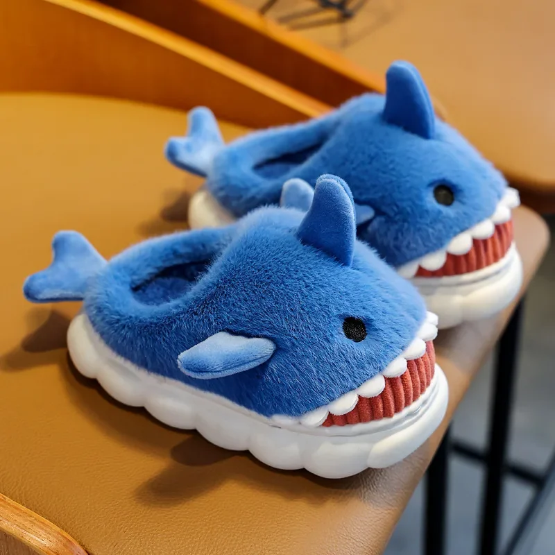 Children\'s Cotton Slippers Boys and Girls Cute Cartoon Shark Slippers Autumn and Winter Home Indoor Baby Thick Bottom Slippers