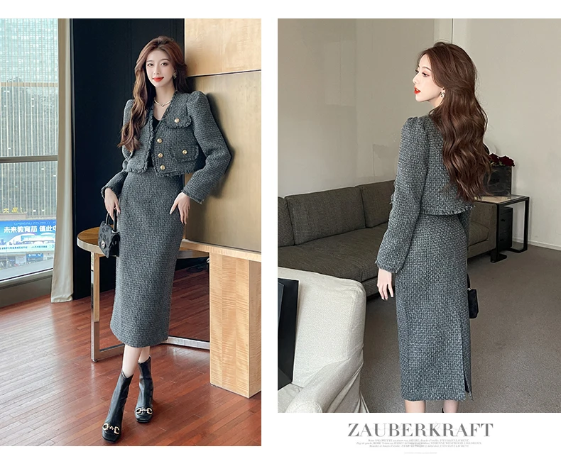 High Quality Party Tweed Two Piece Set Women Fall Winter Fashion V Neck Tassel Short Jacket Coat+Mid Skirt Christmas Woolen Suit