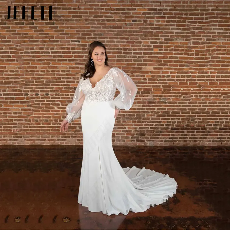 

JEHETH Puff Sleeves Satin Wedding Dresses Plus Size V-Neck Mermaid Lace Bridal Gowns For Woman Appliques Gorgeous Robe De Mariée