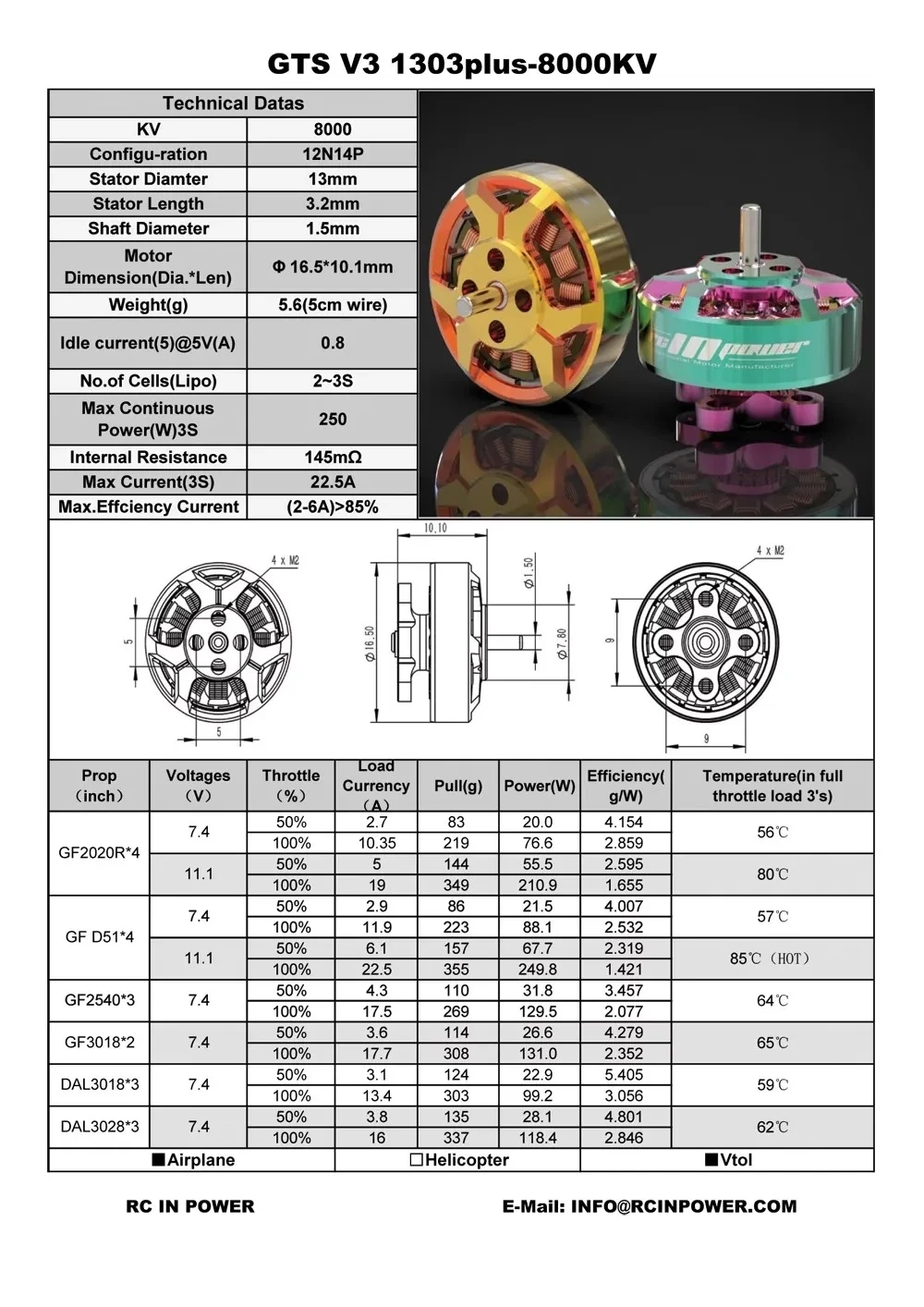 Motor sin escobillas RCinpower GTS V3 1303 PLUS, 4 piezas, para mapeador circular plano de 2 pulgadas, DJI O3