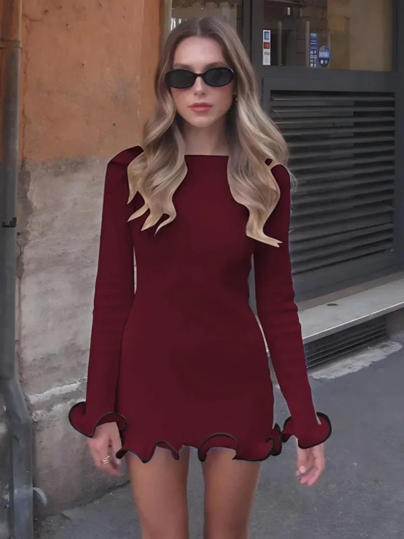 Fashion Autumn Winter Long Sleeve Ruffled Red Dress Streetwear 2024 Ladies Sexy Bodycon Ruched Package Hip Holiday Party Dresses