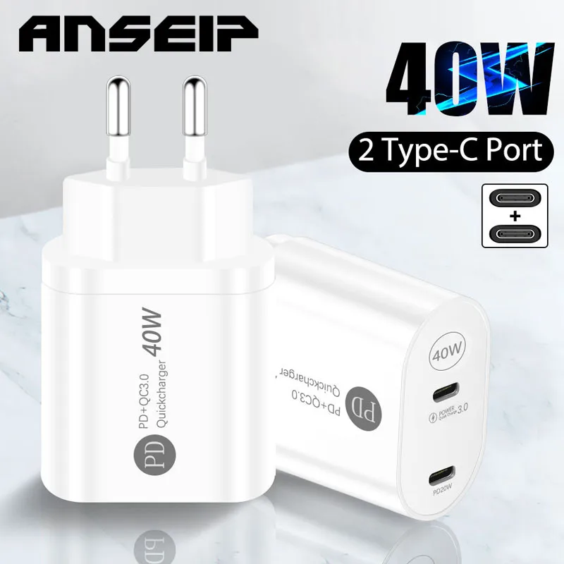 

ANSEIP 40W Pd Usb C Charger For iPhone 13 Pro Max Mini 12 11 7 8 Type C Fast Charger plug For Xiaomi mi 11 12 Huawei p30 p40 p50