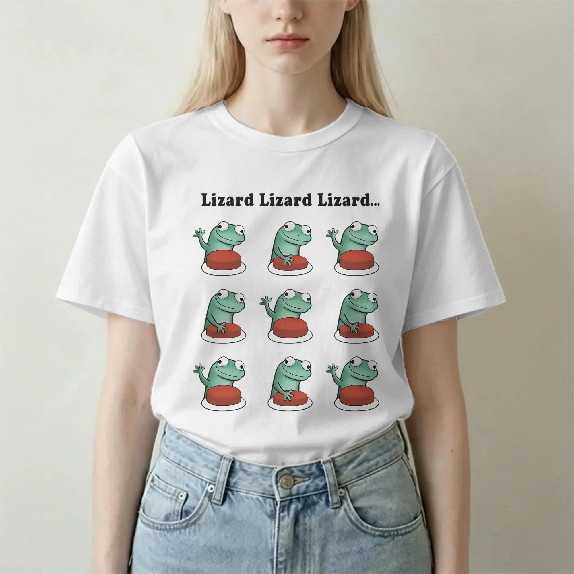 Funny Lizard Button Meme  T Shirts Men Women's 100% Cotton Vintage T-Shirt O Neck Tee Shirt Short Sleeve Clothing