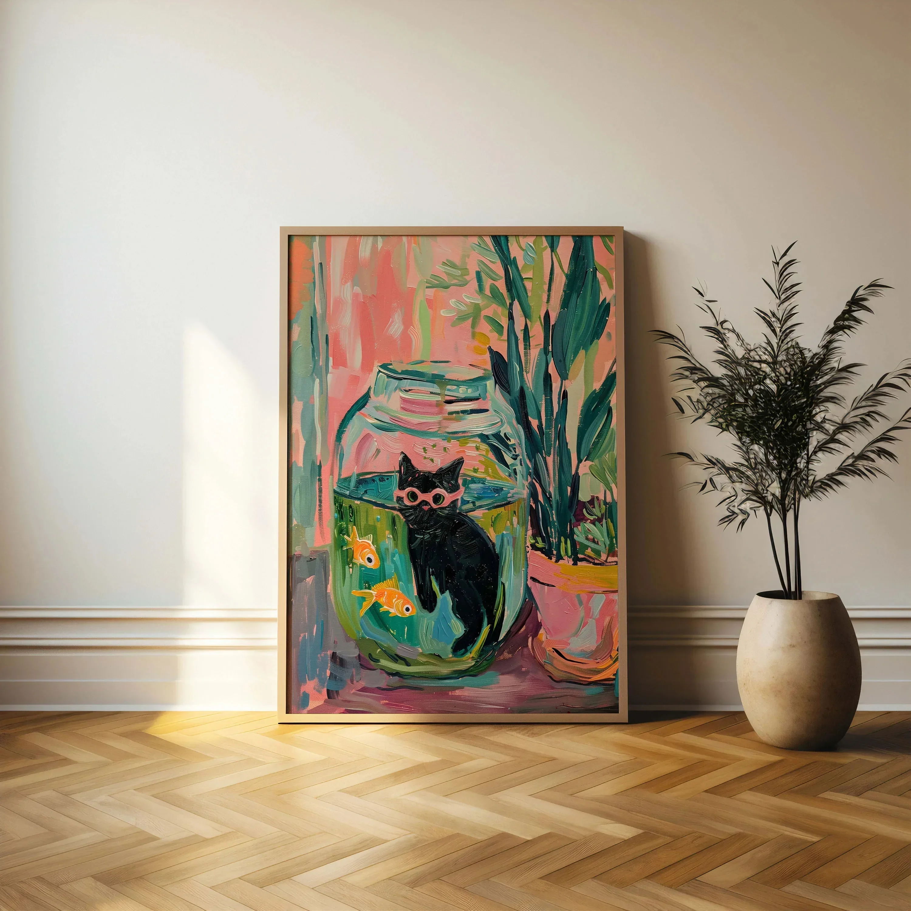 1PC Large-sized frameless canvas paintings,Kitten in Fishbowl Poster Print Vintage Classic Black Cat and Goldfish Frameless Canv
