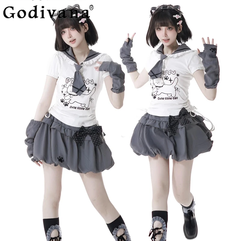 

Japanese Style Subculture Y2k Skirt Set Summer New 2025 Sweet Girl's Cute Print Navy Collar T-shirt Elastic Waist Bud Skirt Set