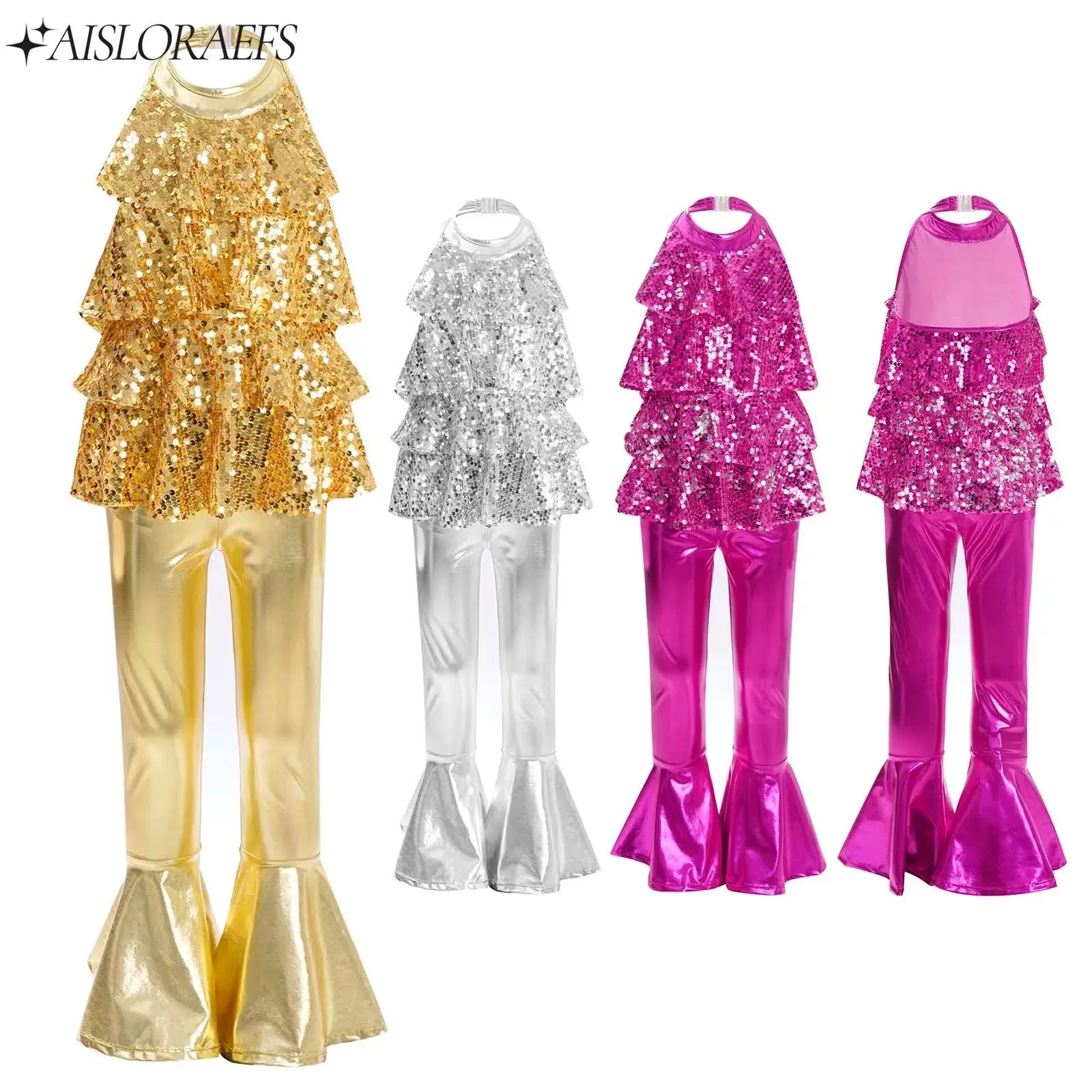 

New Style Kids Girls Latin Jazz Dance Costume Halter Backless Shiny Sequins Leotard+Bell-bottom Pants Gymnastics Dancewear Sets
