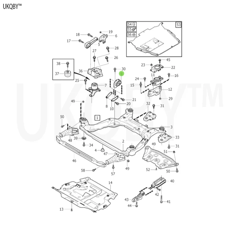 Torque rod bracket engine pad, right pillar bushing, lower pillar engine pad, left gearbox accessory